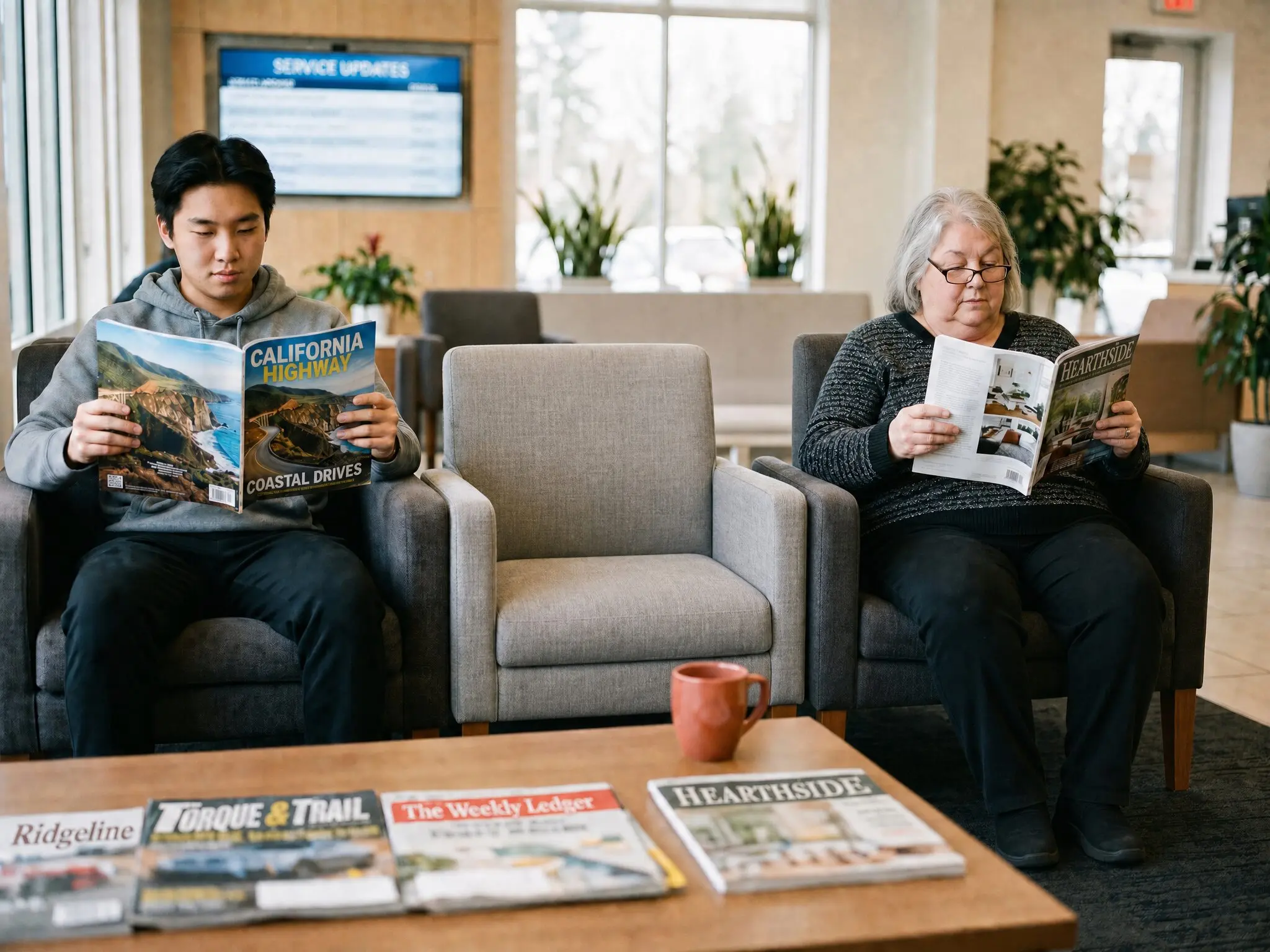 Two strangers reading magazines in an auto service lounge, an empty chair between them and more magazines laid out on the coffee table.