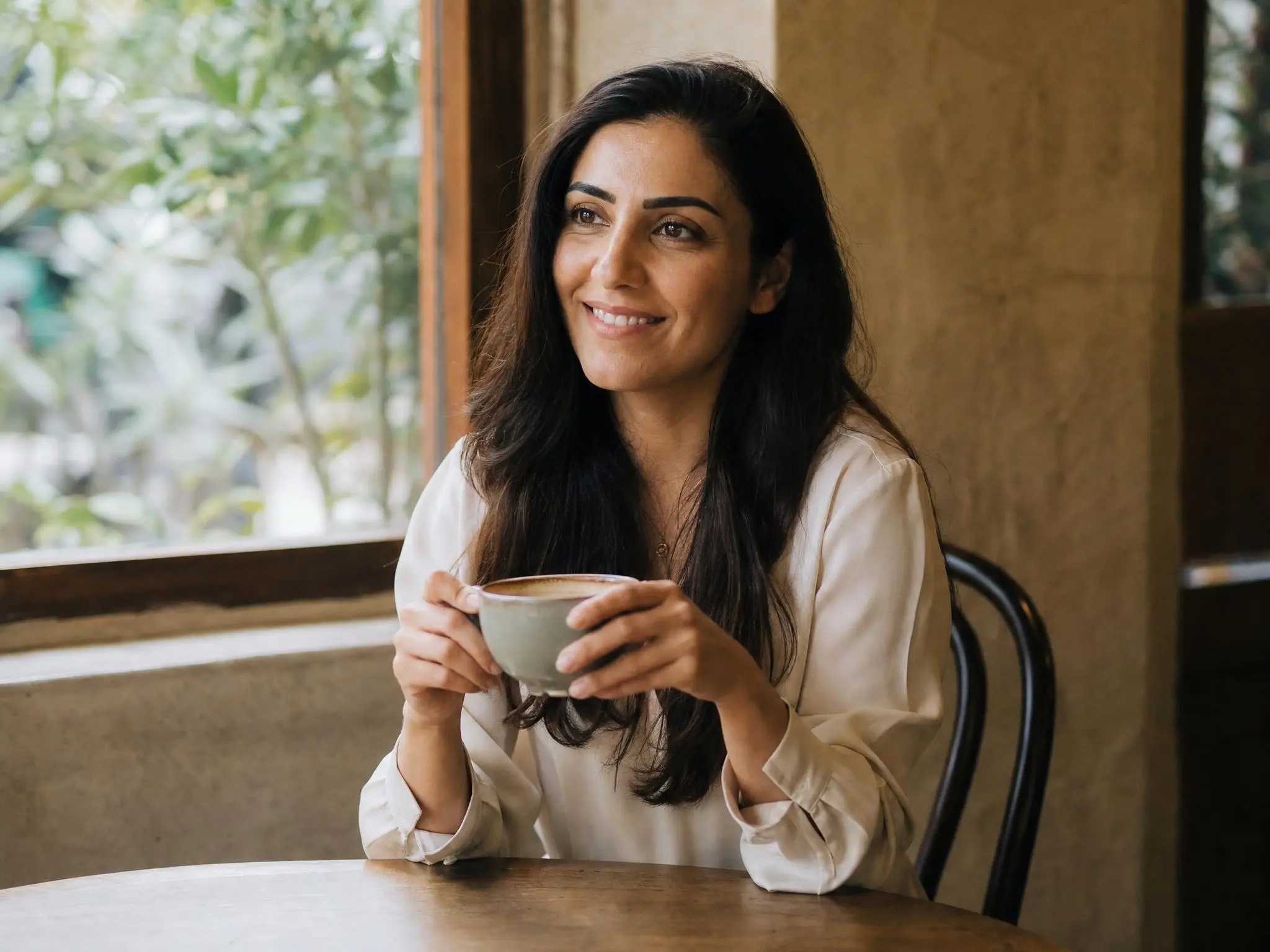 An advertiser at a cafe table with a coffee, pleased with how the conversation went.