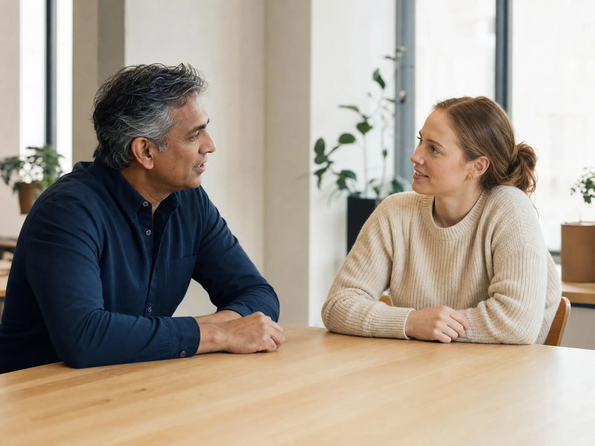 A WRSS account manager and an advertiser talking through a target profile across a meeting-room table.