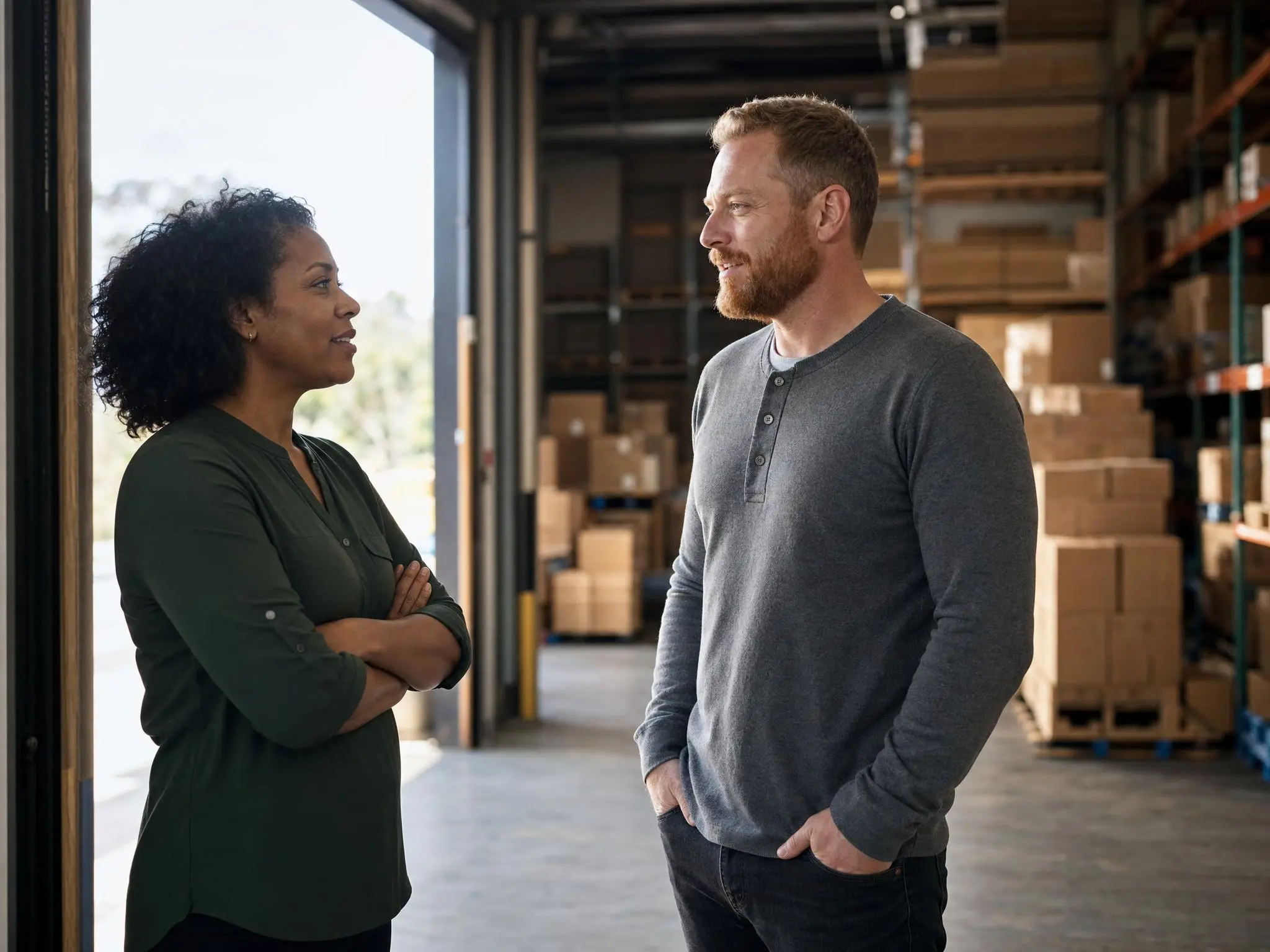 Two distribution managers talking in the open doorway of a warehouse at the start of the day.