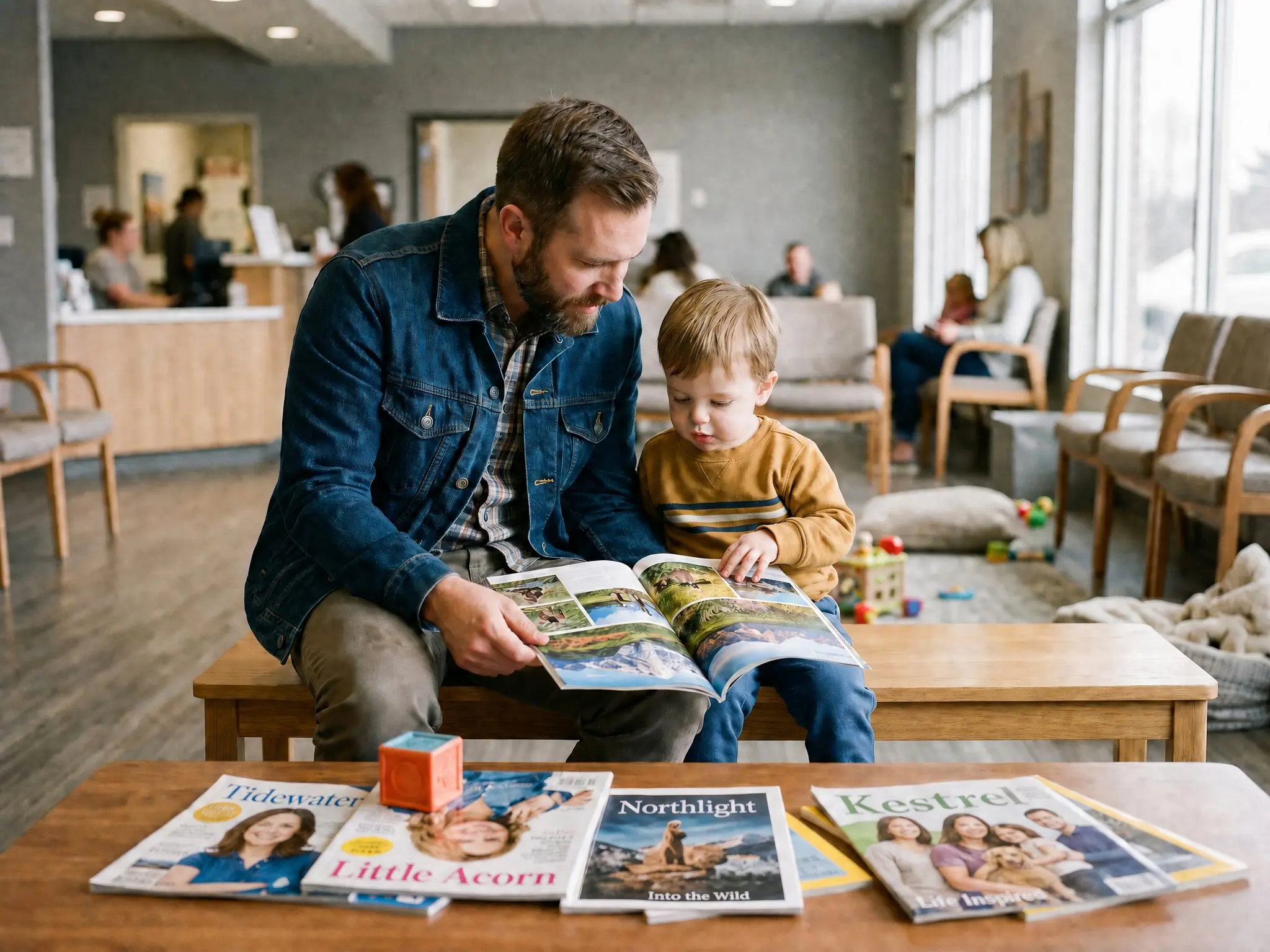 A father and his toddler looking through a magazine together on a bench in a pediatric clinic waiting room, more magazines laid out on the table in front of them.