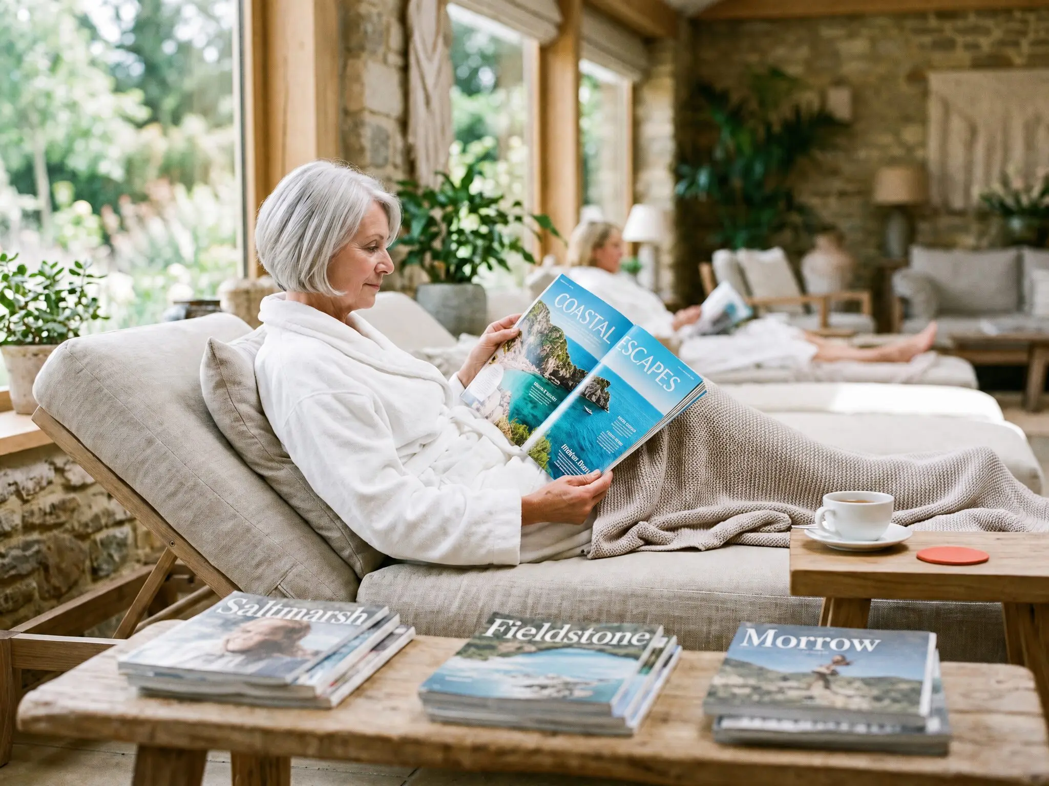 A woman in a robe reclining in a day spa lounge with a travel magazine open, more magazines stacked on the table in front of her.