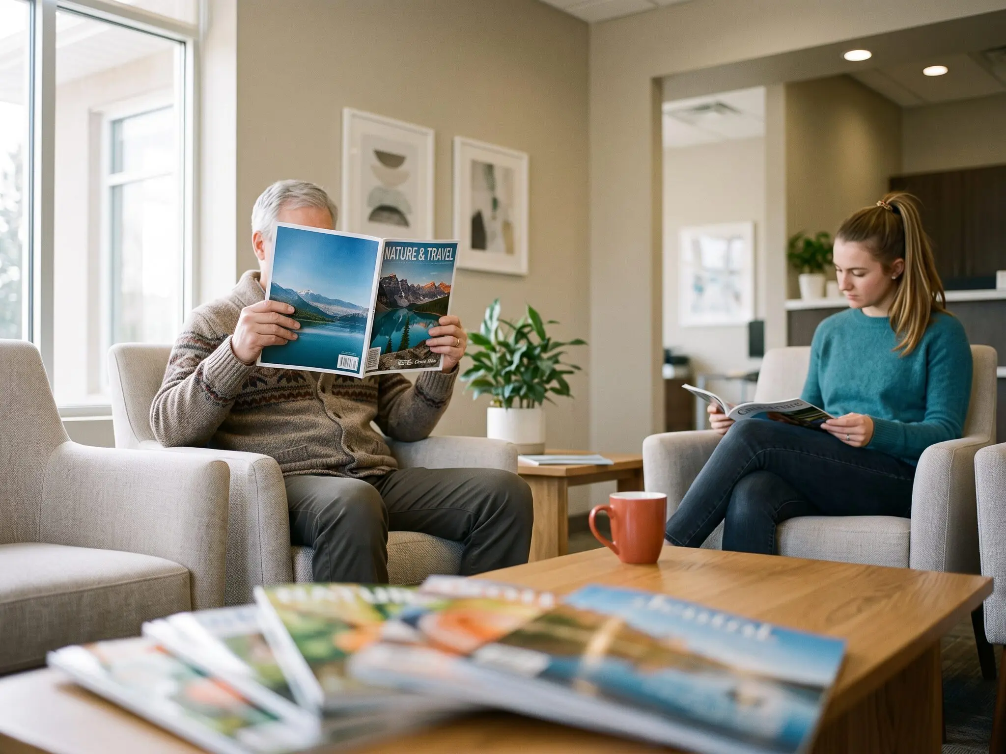 A dental practice waiting room where an older man and a young woman sit apart in armchairs, each reading a magazine, with more fanned across the coffee table.