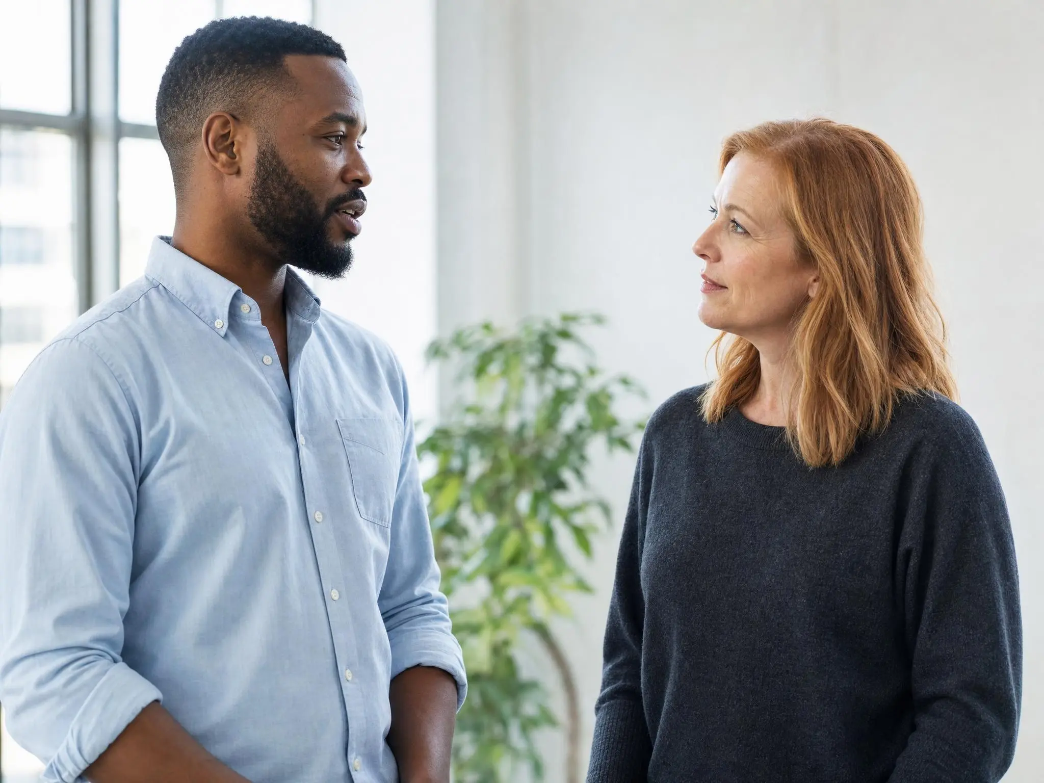 Two colleagues standing by a bright window, mid-conversation.