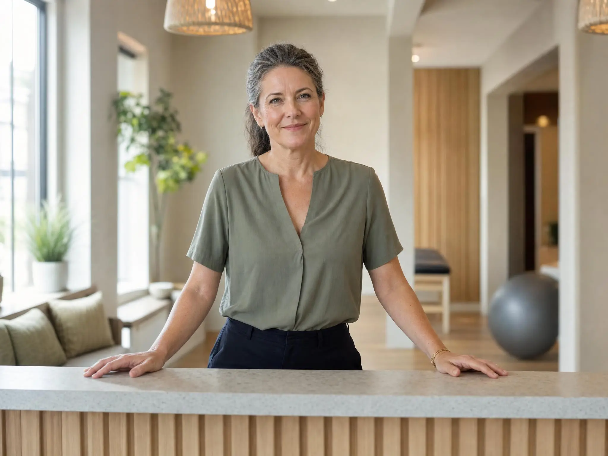 A physical therapy clinic owner at her reception counter at the start of the day.