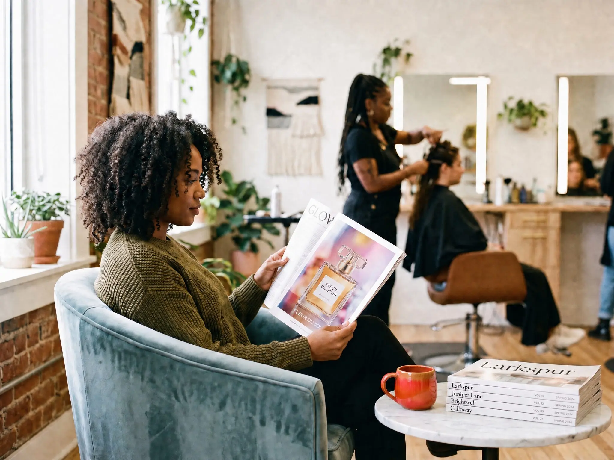 A client reading a magazine in the waiting nook of a bright hair salon, a stack of magazines on the side table beside her while a stylist works behind.