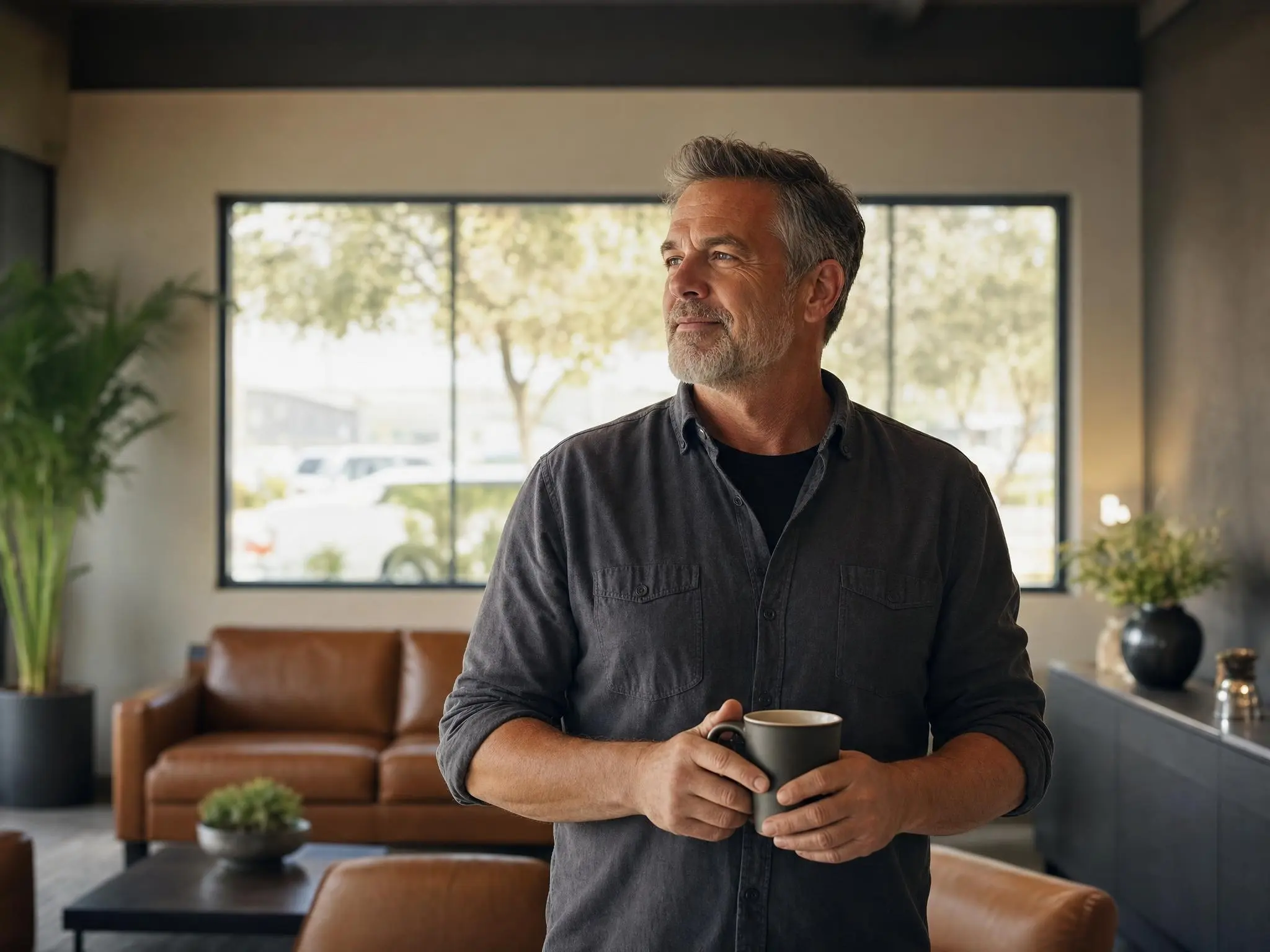 An auto repair shop owner in the customer lounge of his shop with a coffee.